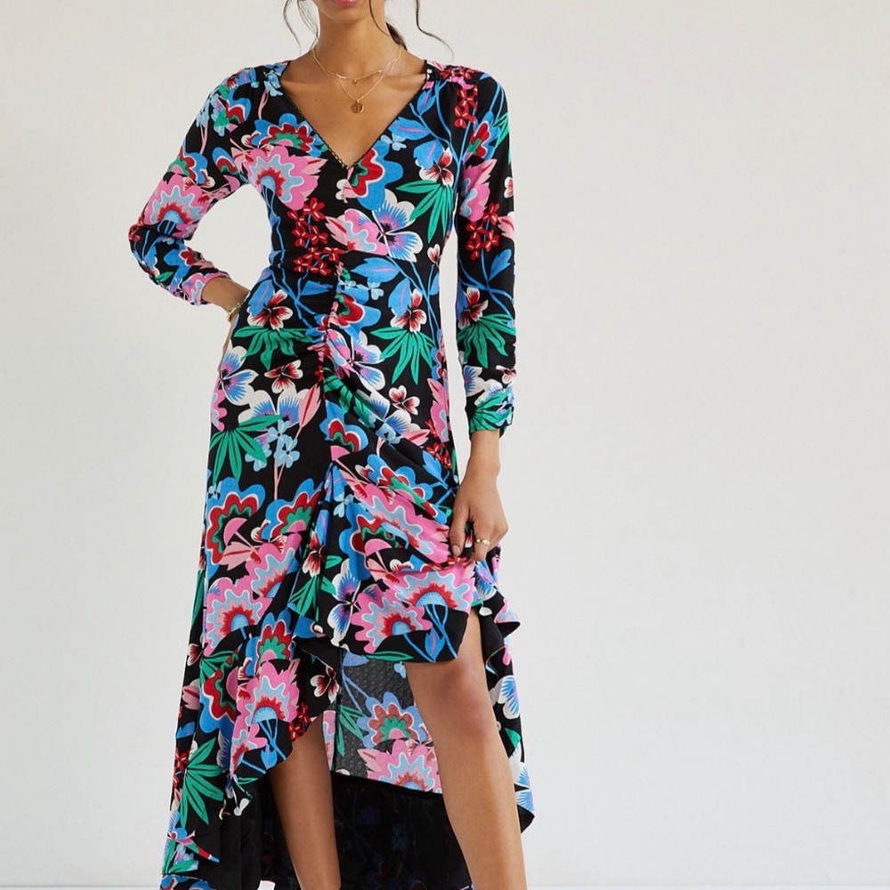 Anthropologie Ruched Floral Maxi Dress